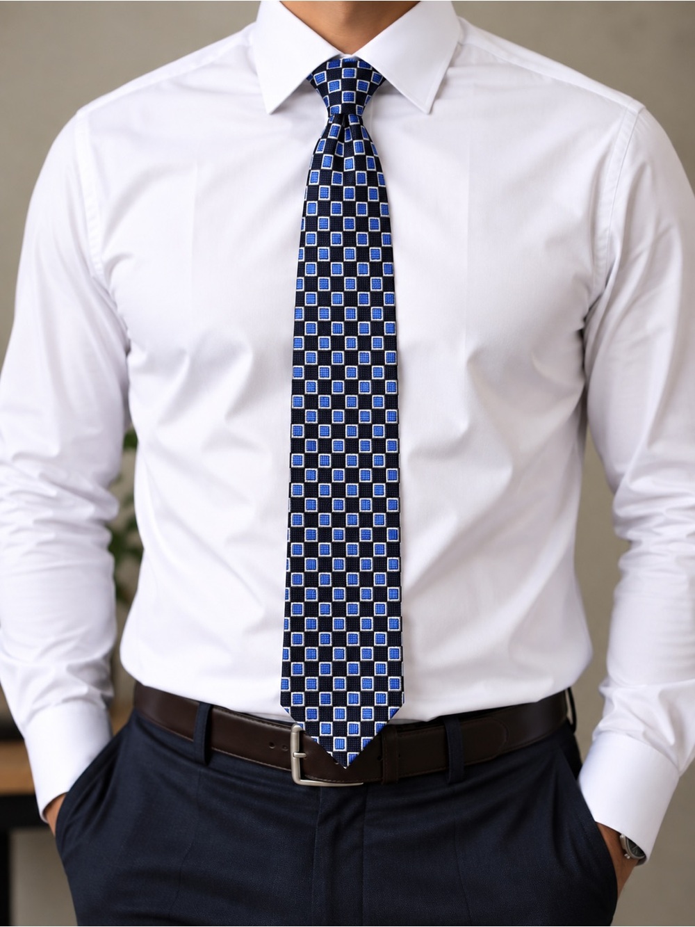 Paul Fredrick Navy and Light Blue Geometric Tie